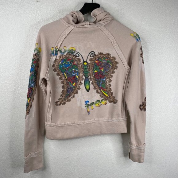 2B Free Zip Up Hoodie Juniors Butterfly Graphic Tan Size XS 90's Y2K - Picture 9 of 13
